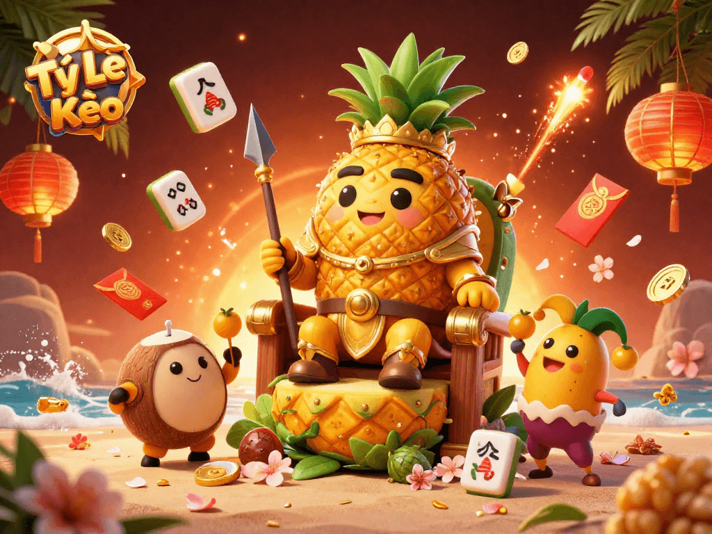 Tỷ Lệ Kèo showcases a dynamic beach casino scene with a golden pineapple king and gaming elements.