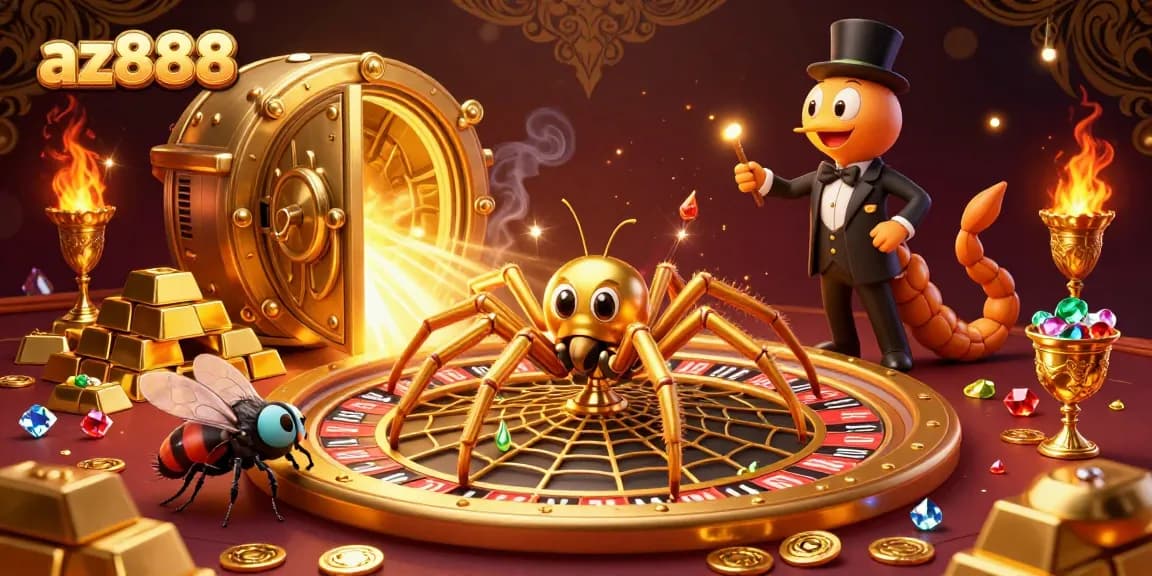 Experience the thrilling gaming atmosphere at az888 with a golden spider and croupier in a vibrant casino scene.