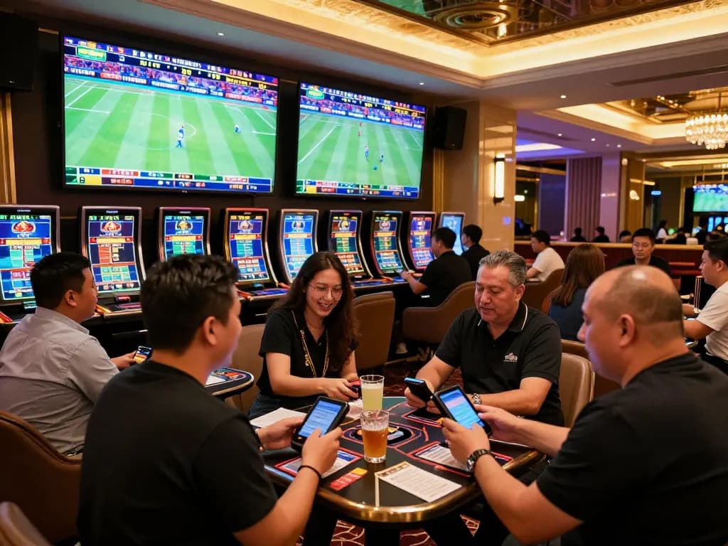 Excited players engaging in sports betting at 789bet lounge during live events.
