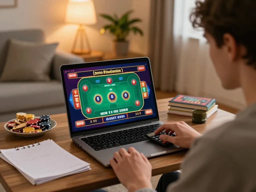 Engaging in online gambling at RR88 with a laptop displaying a poker game.