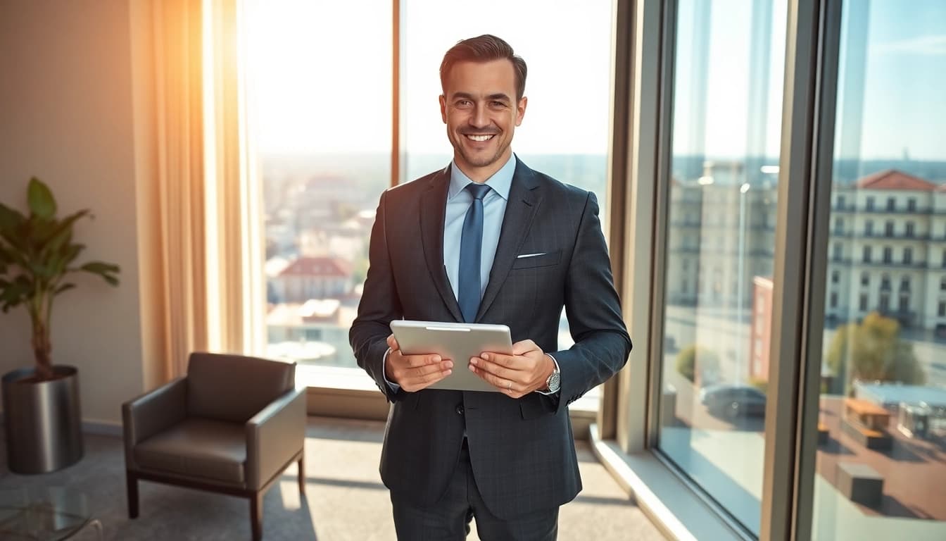 Headhunter Wiesbaden berät Kunden in modernem Büro mit Stadtblick.