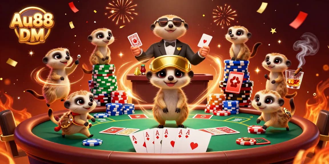 Engage with Au88 DM's vibrant casino scene featuring clever meerkats and dynamic poker action.