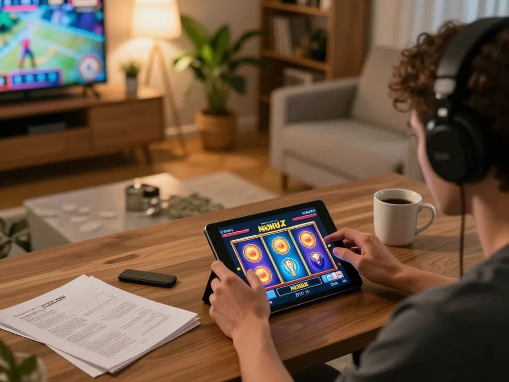 Nohu slots action on a tablet in cozy home setting, showcasing vibrant online gaming experience