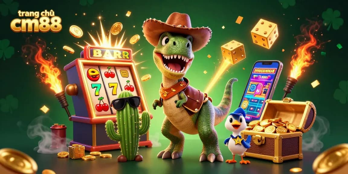 Engage with the excitement of trang chủ cm88 through this vibrant 3D casino scene filled with fun characters and game elements.
