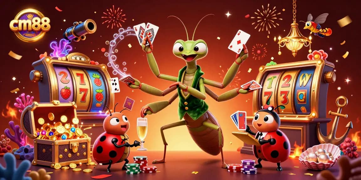 Experience thrilling slots at cm88 with a dynamic 3D casino scene featuring vibrant characters and exciting game elements.