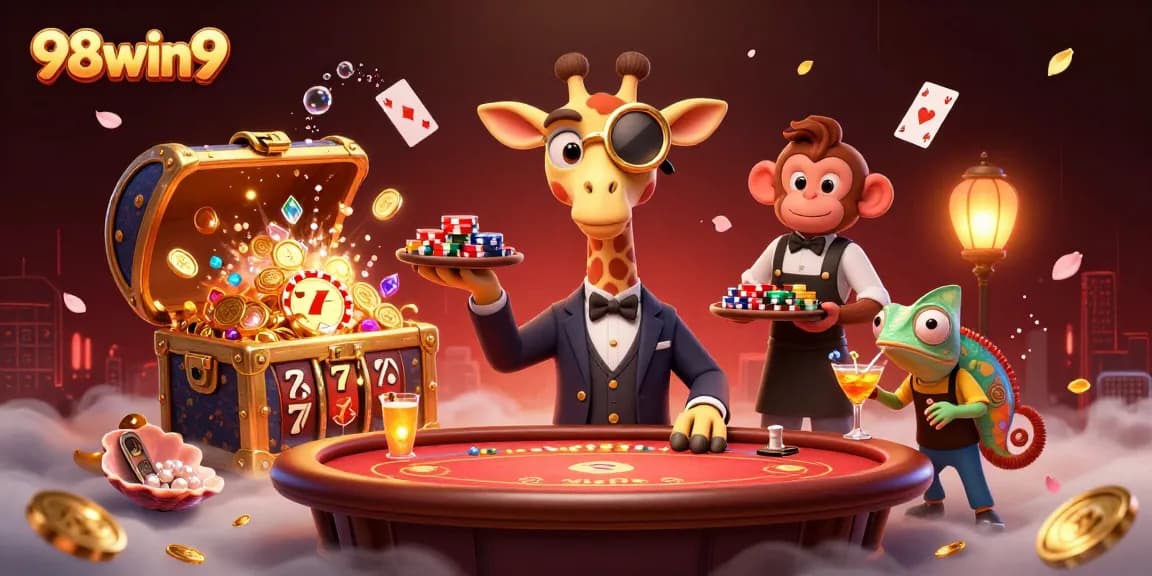 Experience thrilling wins at 98win9 with high-roller giraffe, monkey valet, and chameleon bartender in a vibrant casino scene.