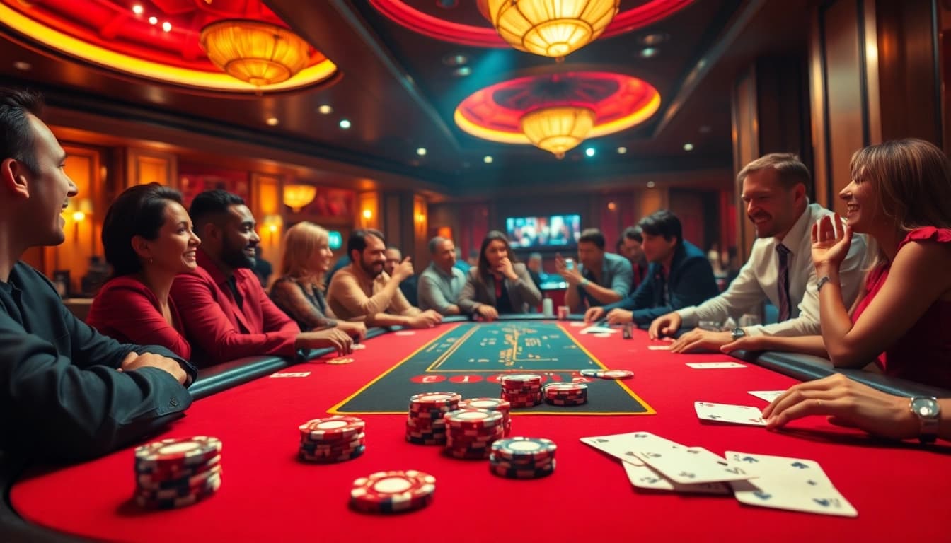 Spannende Golisimo Germany Poker-Szene mit Spielern an einem Tisch und lebendiger Atmosphäre.