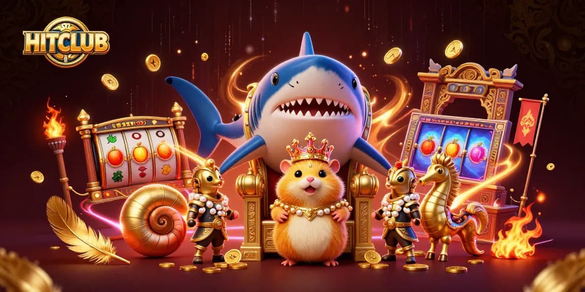 Engage in the HITCLUB gaming arena with a vibrant cartoon-themed illustration of a hamster king presiding over slot machines and festive gambling elements.
