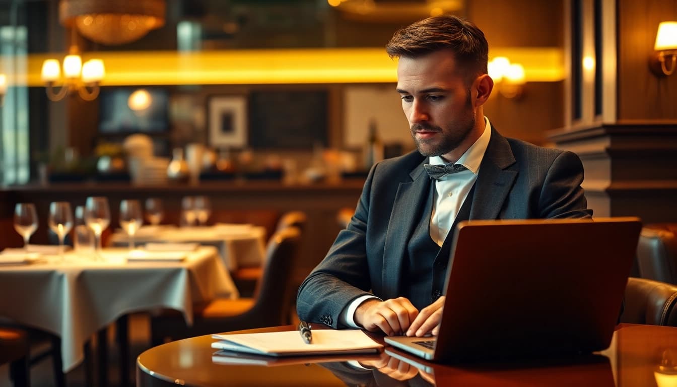 Professioneller Headhunter Gastronomie mit Bewerbungsunterlagen in einem eleganten Restaurant.