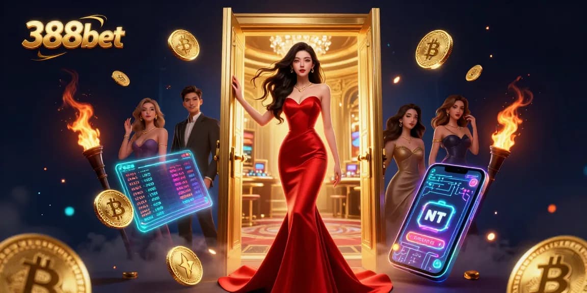 Experience the excitement of 388bet with a stunning Asian woman in a luxurious casino doorway, highlighting the thrill of gambling.
