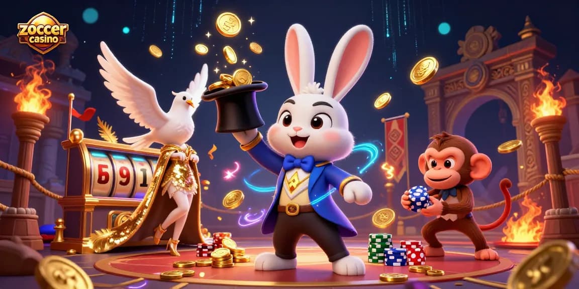 Experience the magic of zoccer casino with a 3D cartoon scene featuring a magician rabbit, dove, and monkey amidst sparkling coins and game elements.
