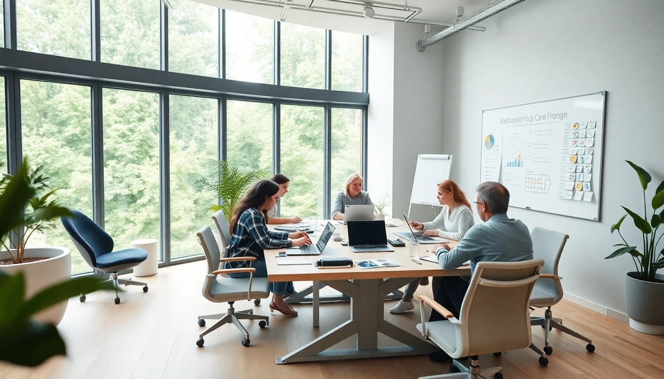 Explore the creative workspace of a werbeagentur pflege, showcasing a collaborative marketing team.
