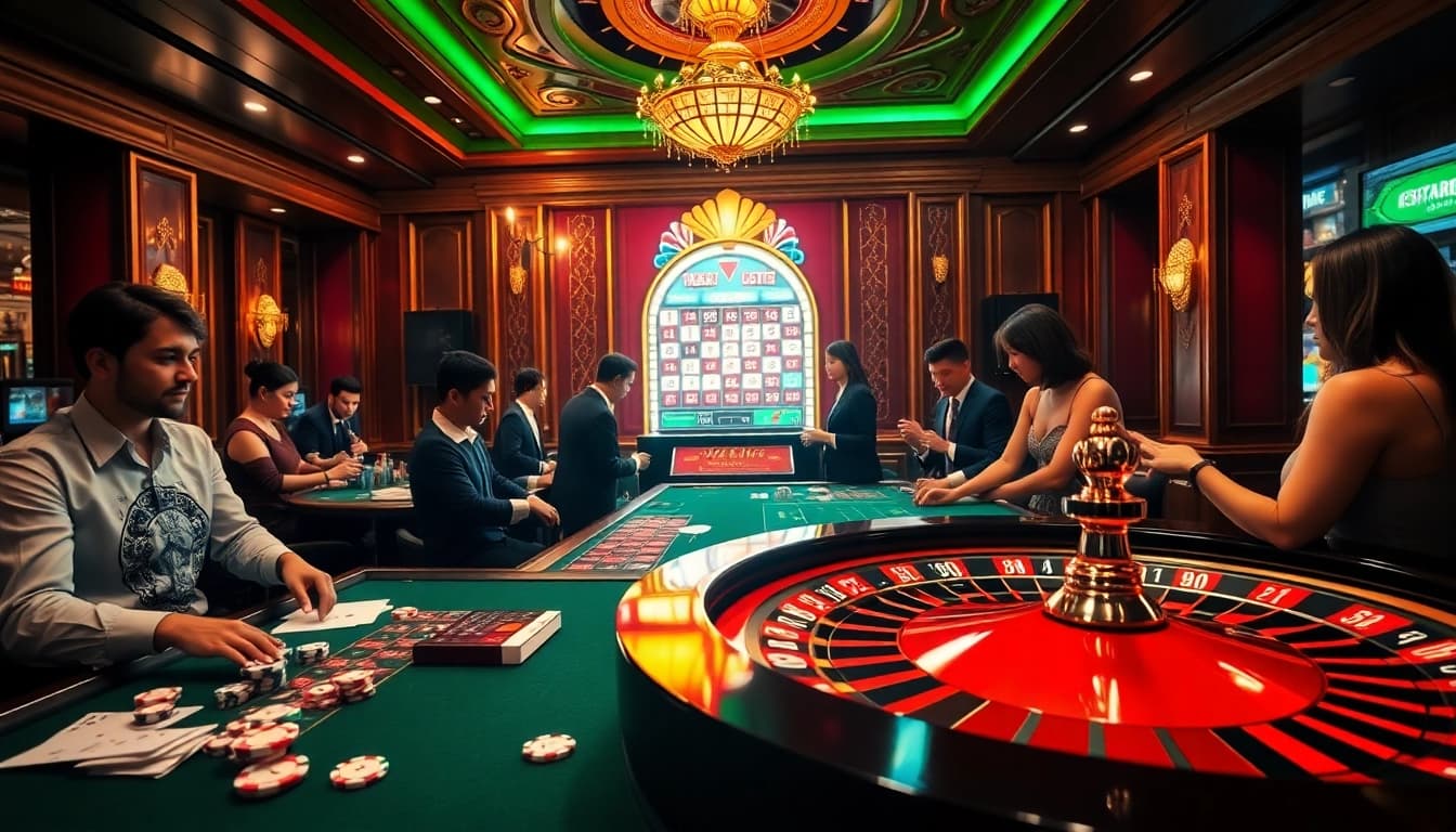 Players engaging at a bustling casino table, embodying the excitement of MM88 Bets experiences.