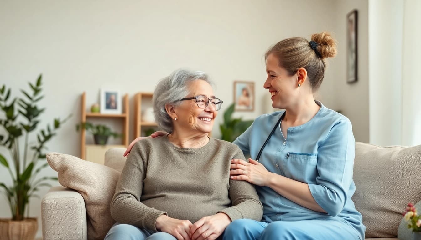 Pflegedienst: Pflegekraft unterstützt eine ältere Person liebevoll im Wohnzimmer.