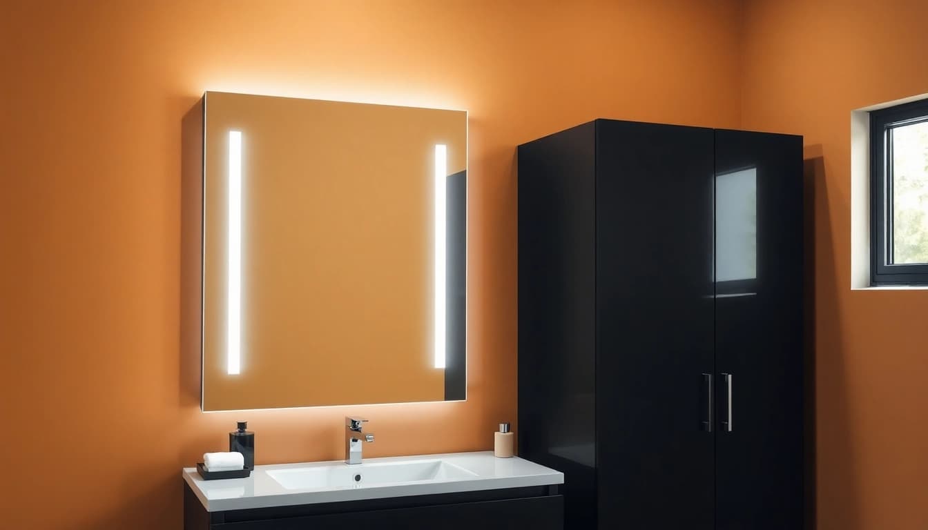 Moderne spiegelschrank led mit sanfter Beleuchtung in stilvollem Badezimmer, ergänzt durch Pflanzen und elegantem Design.