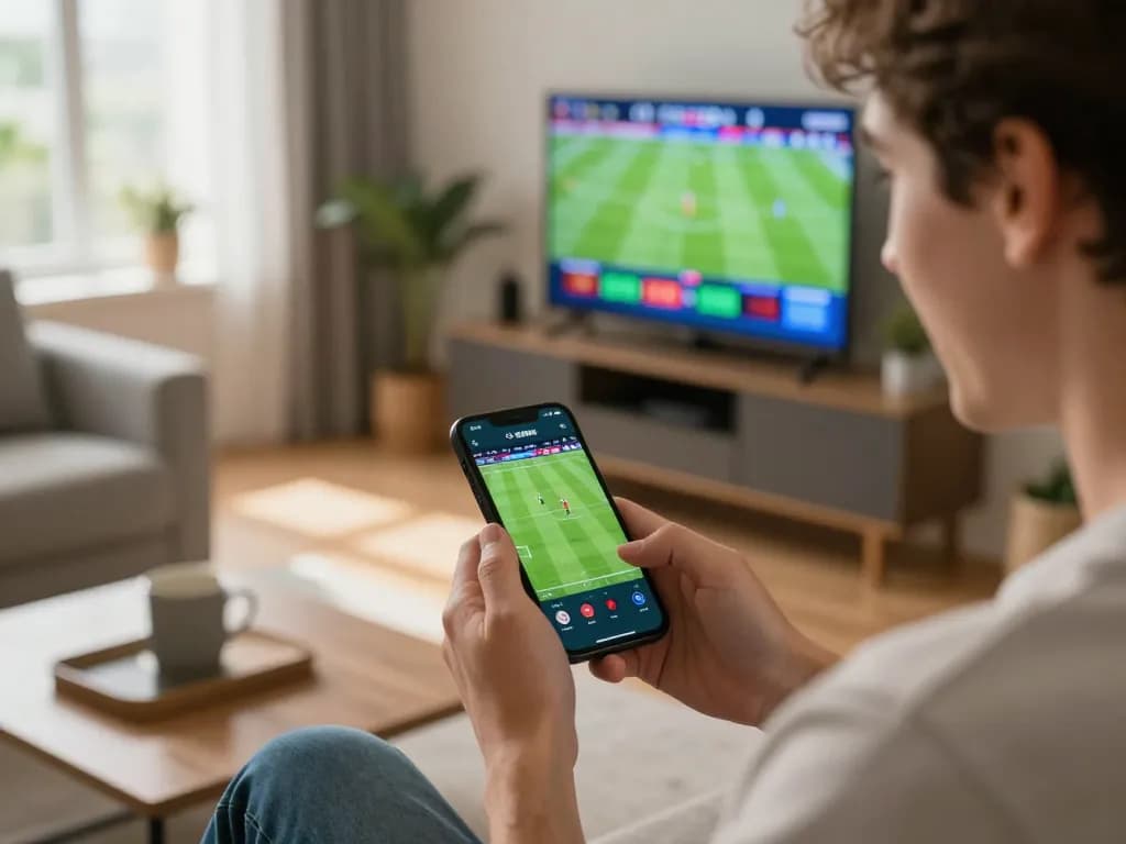 Person placing bets on O8net3 sports betting app from home, engaging in live football action