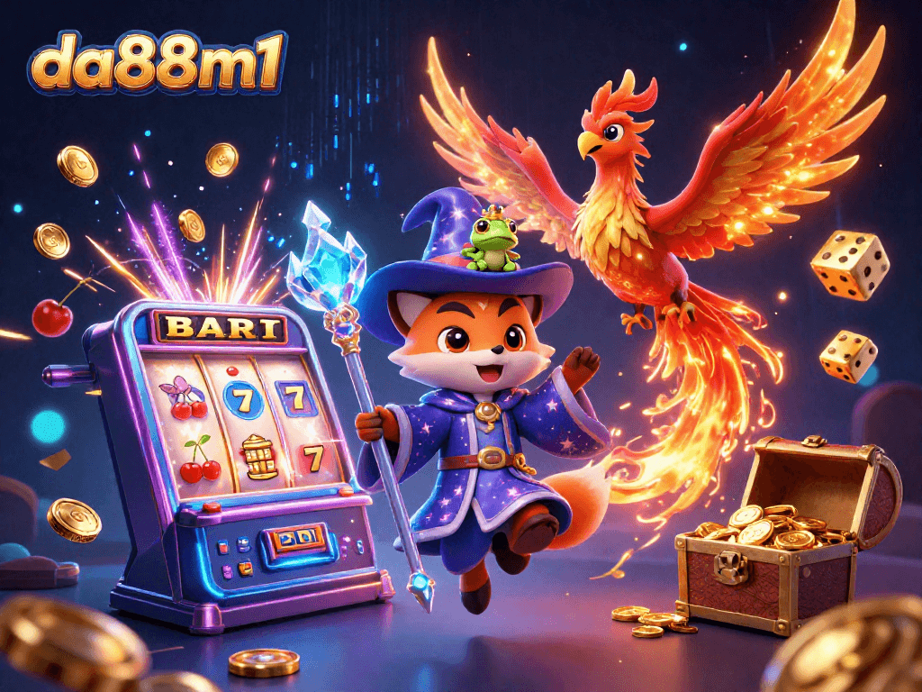 Engage with exciting wins at da88m1 with a dynamic 3D scene of a wizard fox, phoenix, and thrilling casino elements.
