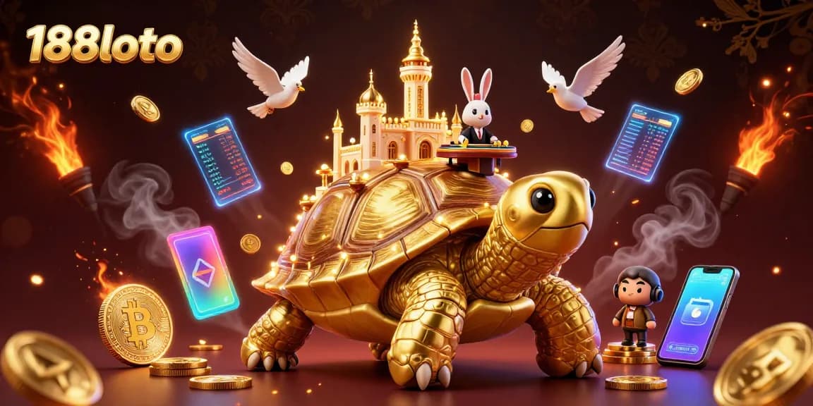 Experience exciting wins at 188loto with playful golden tortoise casino scene filled with coins.