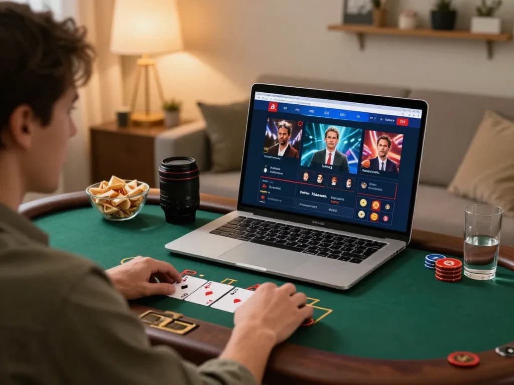 Player enjoying an online blackjack game at home on 88xx platform with cozy ambiance and strategic engagement.