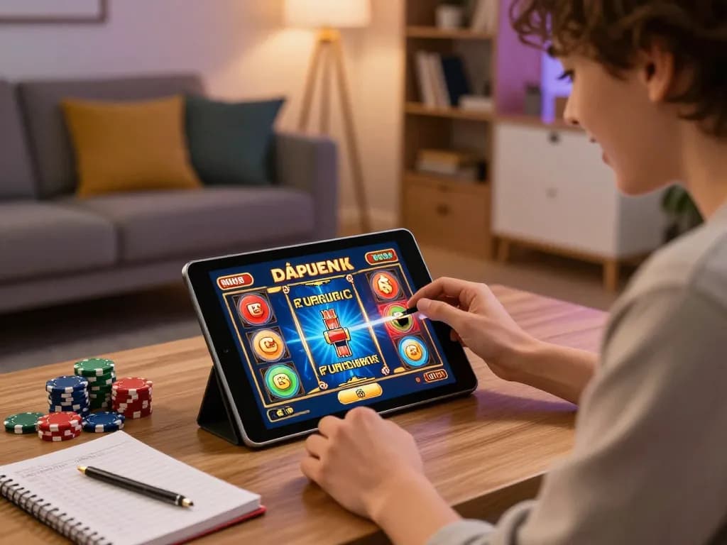Experience thrilling khuyến mãi 23win while playing slots on a tablet in a cozy living room.