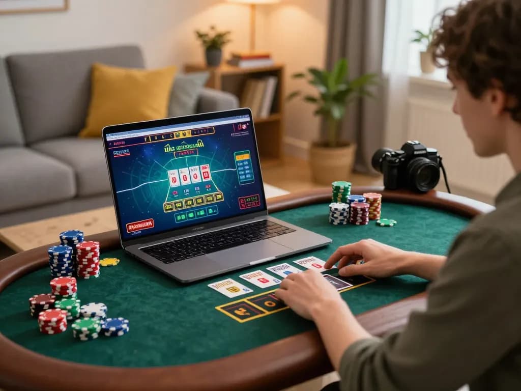 Engaging gameplay link vào qq88 on a laptop in a cozy home setting with colorful chips and warm lighting.