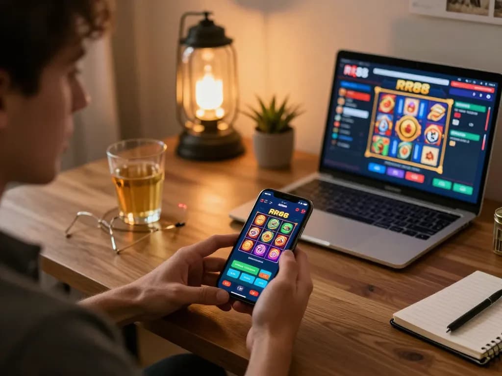 Player engaging with RR88 casino app on smartphone in cozy home office.