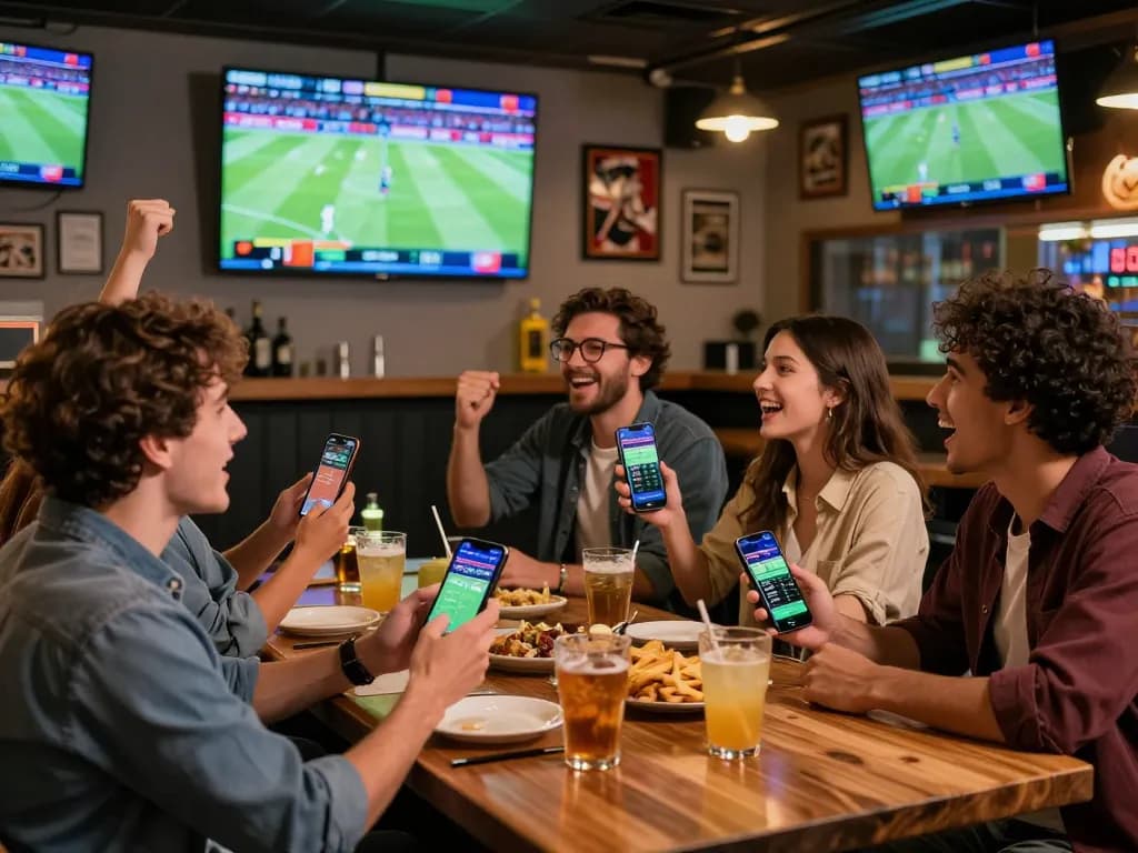 Friends enjoying zbet sports betting while watching a live match in a lively bar setting.