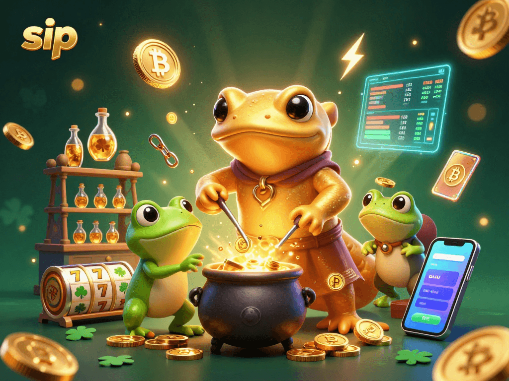 Engage with sip's exciting crypto casino, featuring golden alchemist, frog apprentice, and vibrant elements.