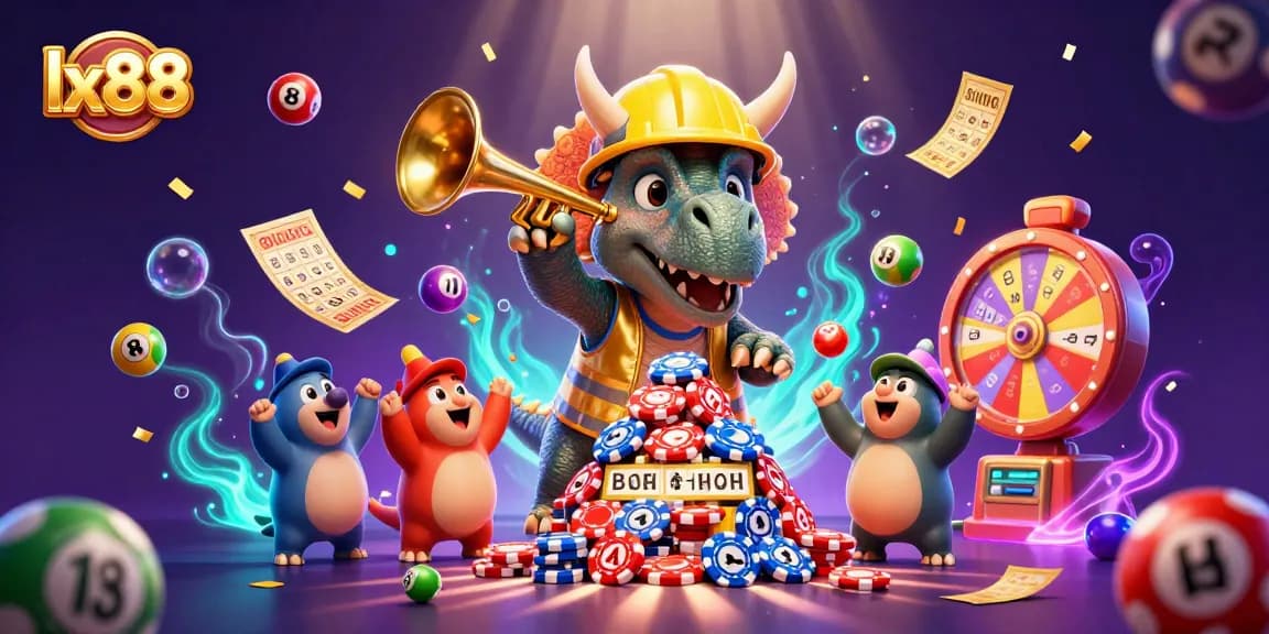 Engaging lx88 casino illustration with vibrant characters and dynamic gambling elements celebrating winnings.