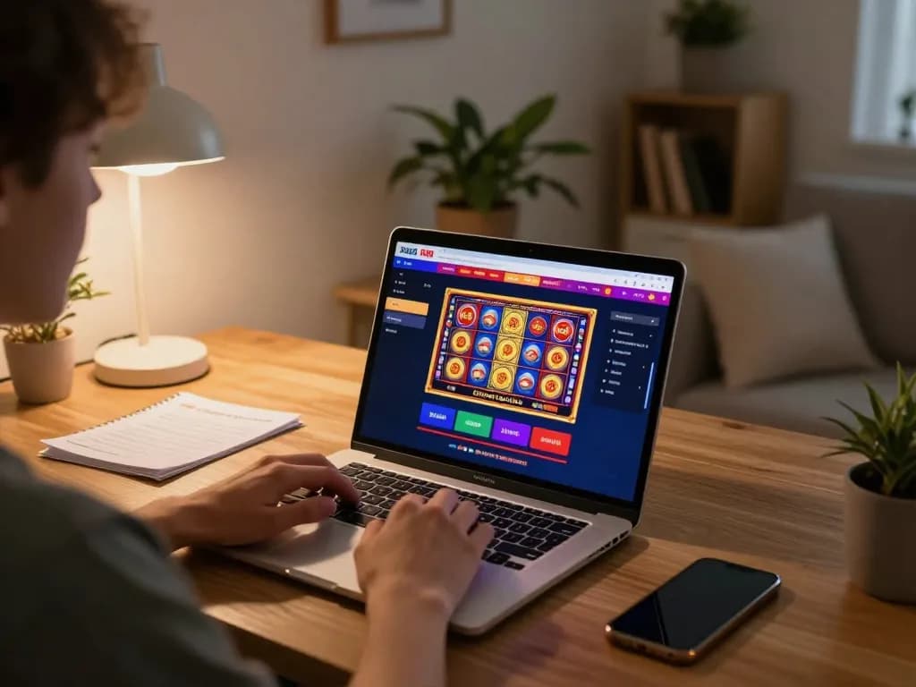 Player enjoying RR88 online slots at home with gaming notes and a cozy atmosphere