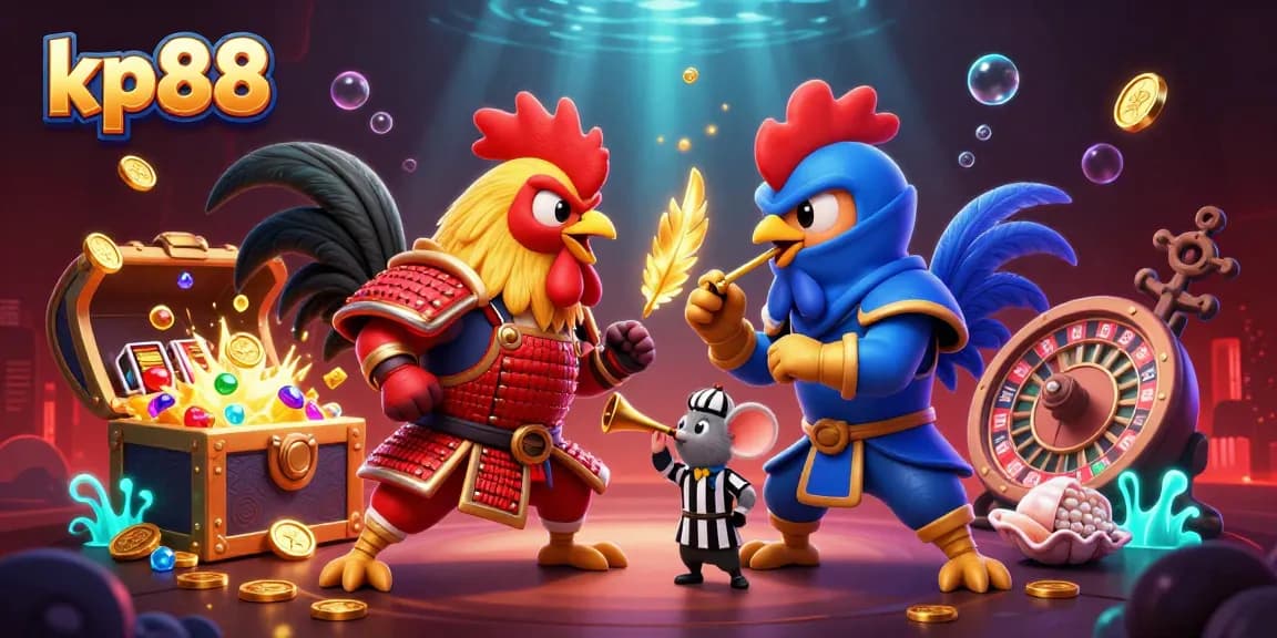 Engage with kp88 as cartoon roosters duel in a vibrant casino scene filled with slot elements.