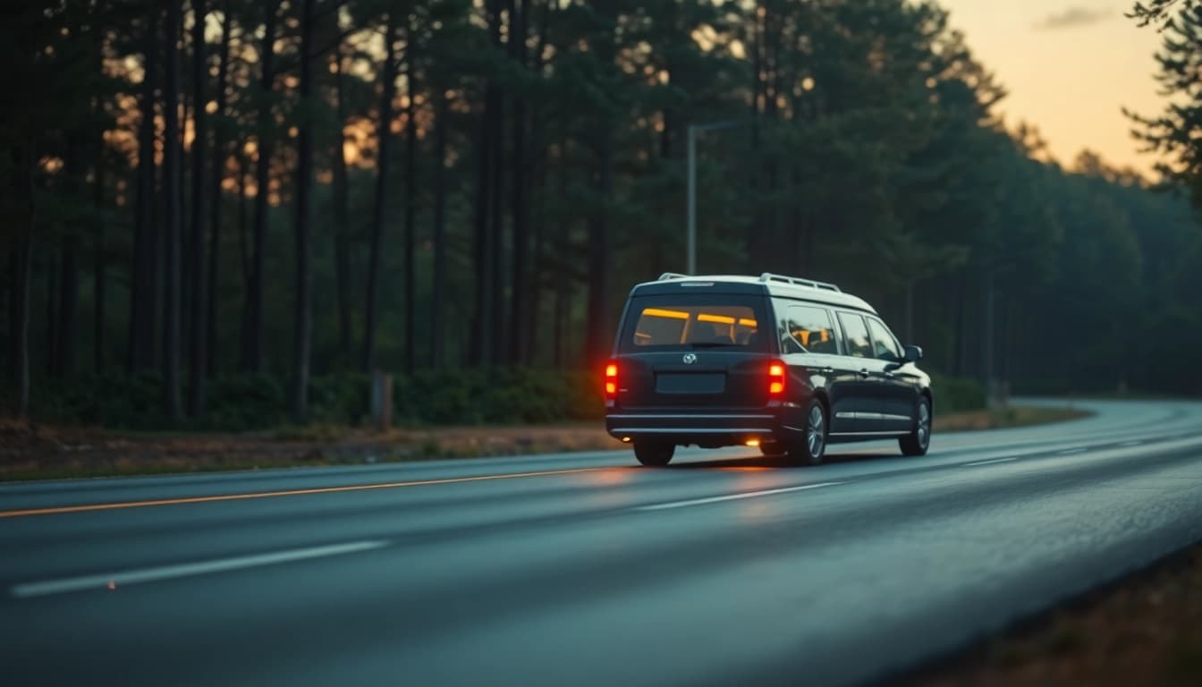 Transport pokojnika za Bosnu, dostojanstvena scena sa pogrebnim vozilom u pokretu.