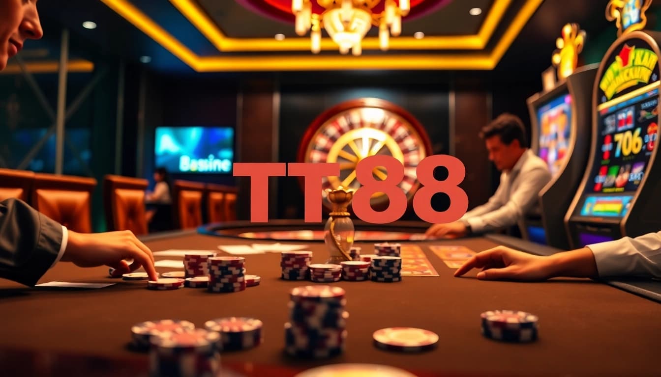 Exciting gambling action at TT88 casino, showcasing poker chips and colorful roulette.