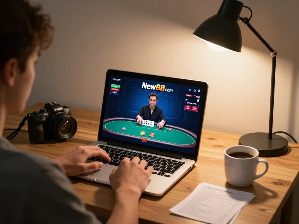 Engaging gameplay on New88 com with online poker, showcasing strategic betting notes in a cozy home office.