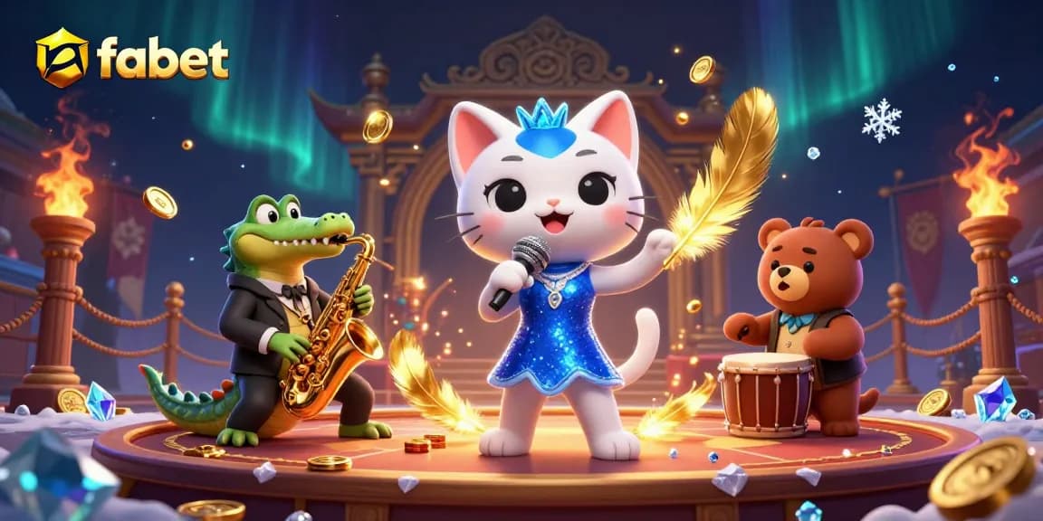 Fabet showcases vibrant gaming moments with a cartoon jazz cat and friends on stage, immersed in casino action.