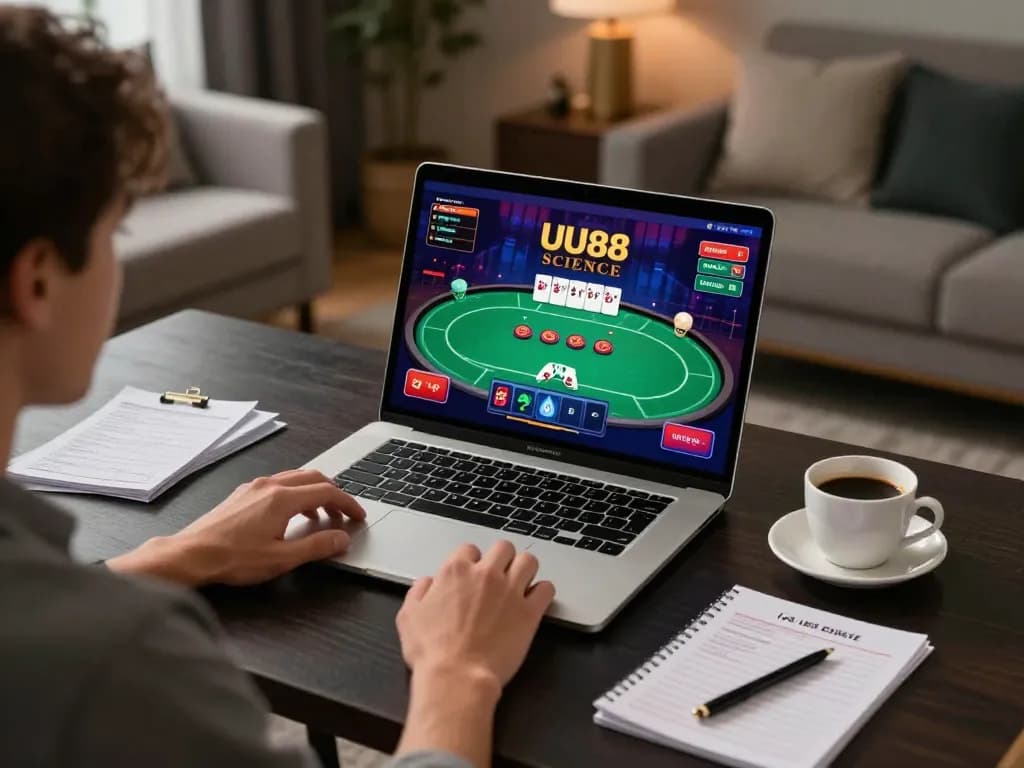 Engaging in poker gameplay on UU88 SCIENCE in a stylish online casino setup.