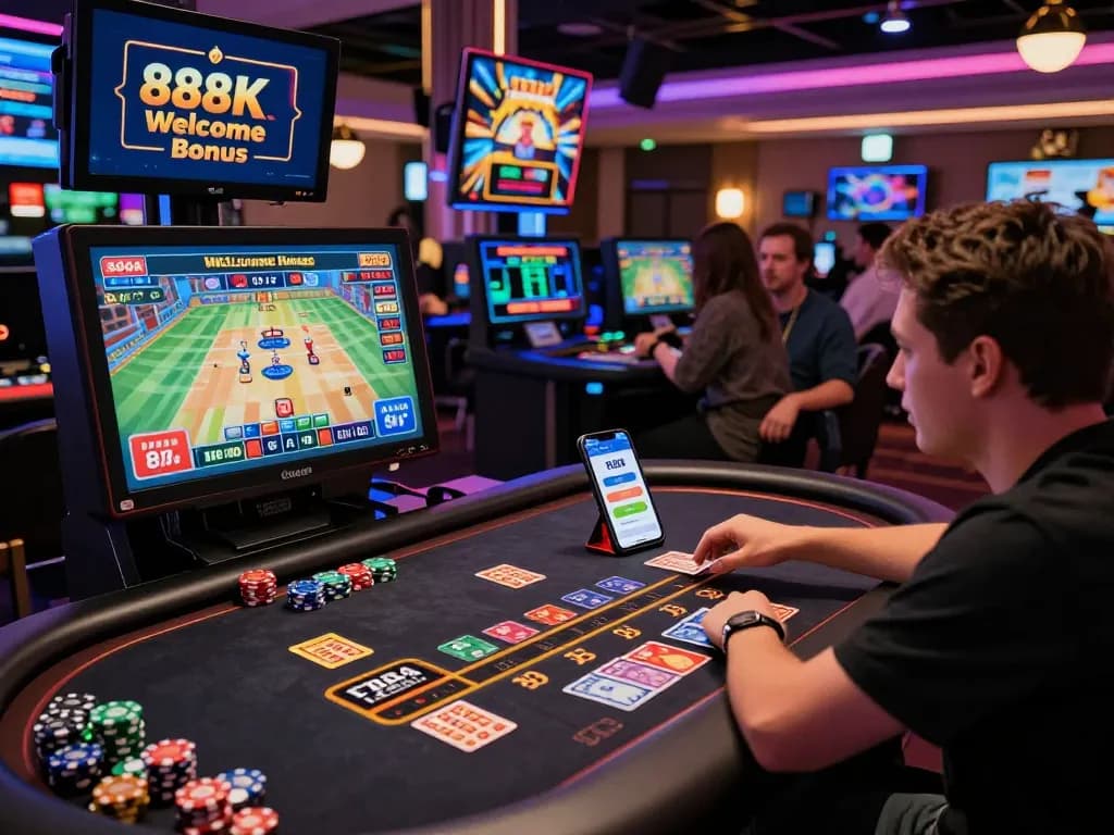 Player enjoying live dealer games at FB88 online casino, vibrant atmosphere with colorful gaming elements