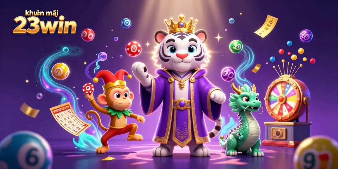 Engage with khuyến mãi 23win in a vibrant 3D casino scene featuring a white tiger and colorful lottery elements.