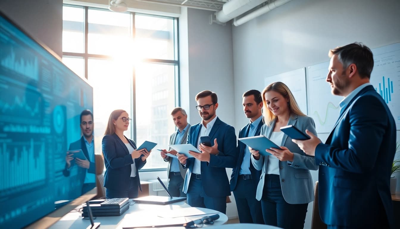 Fachkräfte führen eine Führerscheinkontrolle in einem modernen Büro durch, wobei Technologie und Zusammenarbeit im Vordergrund stehen.