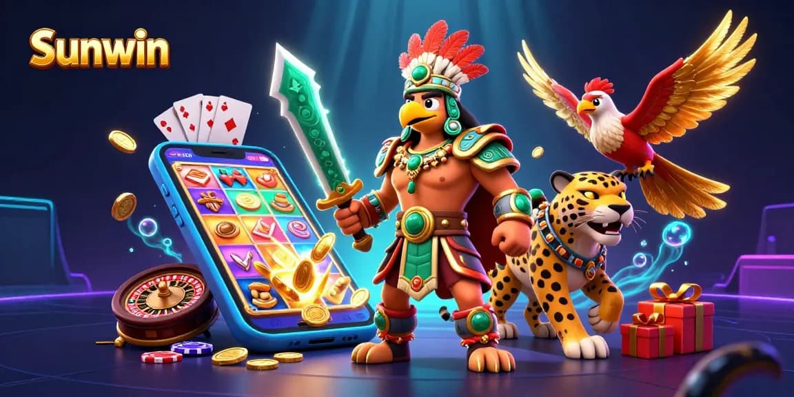 Engage with Sunwin's vibrant slot games and riches depicted in a rich 3D casino scene.