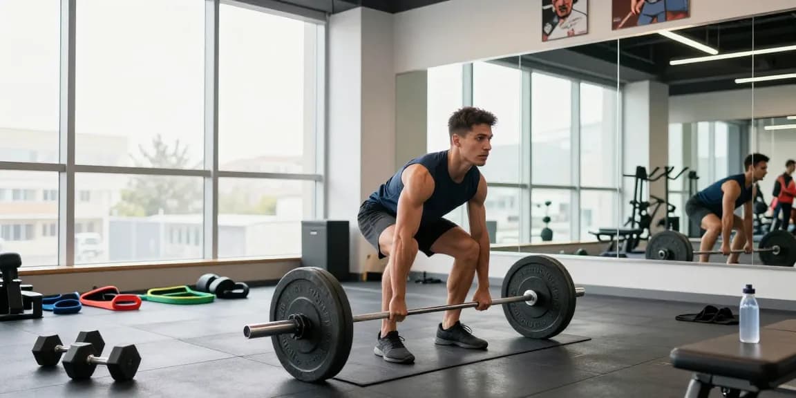 Anabolika Shop - Bodybuilder beim Deadlift in modernem Fitnessstudio mit motivierender Atmosphäre