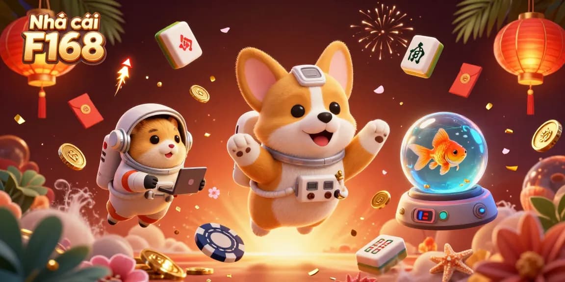 Engage with Nhà cái F168 as a cartoon astronaut corgi navigates a cosmic casino, filled with dynamic game elements.