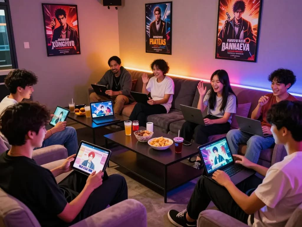 Engaging group playing interactive adult visual novel games, showcasing game sex themes in a vibrant gaming lounge.
