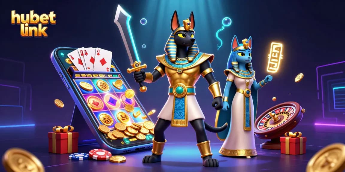 Experience the thrill of slots with hubet link, featuring Anubis and Bastet amidst glowing hieroglyphs.