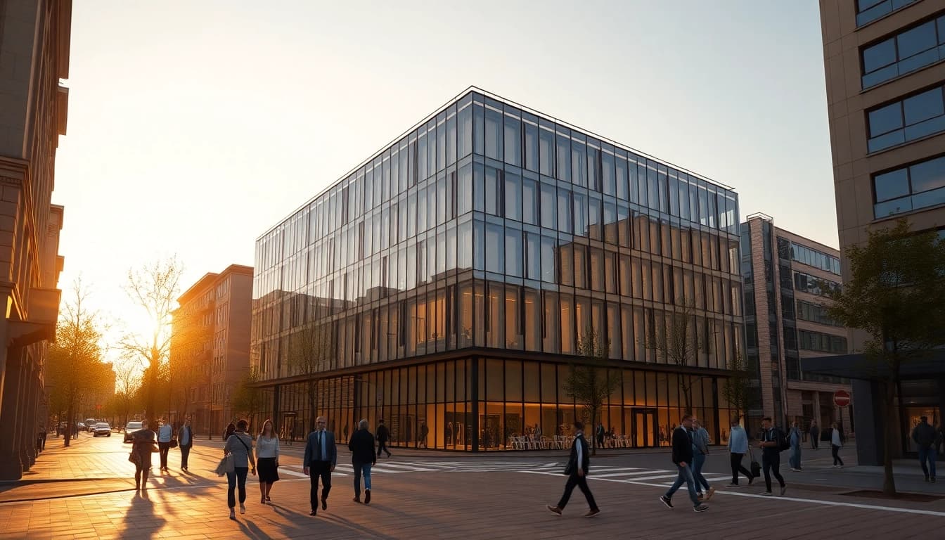 Architektur Visualisierung: Eine moderne 3D-Darstellung eines Gebäudes in urbaner Kulisse bei Sonnenuntergang.