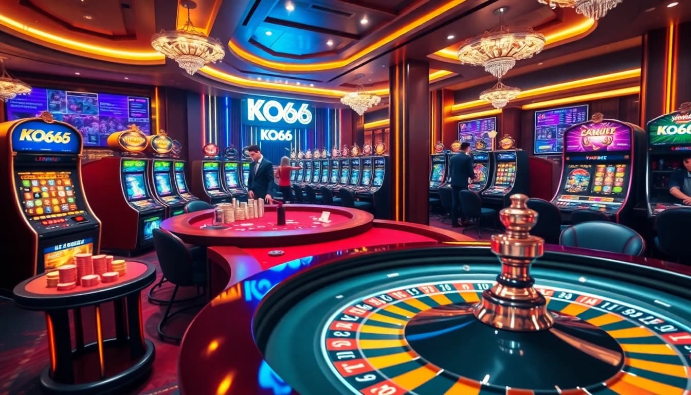Chơi và thắng tại KO66 với hình ảnh sòng bạc sống động về poker và máy đánh bạc.