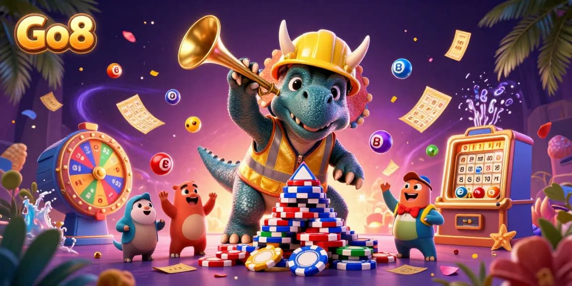 Go8 celebrates excitement with a vibrant scene showcasing cartoon dinosaurs in a casino atmosphere, filled with gambling elements.