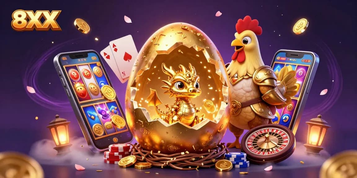 Experience the thrill of 8XX with a golden dragon amid poker chips and vibrant casino elements.