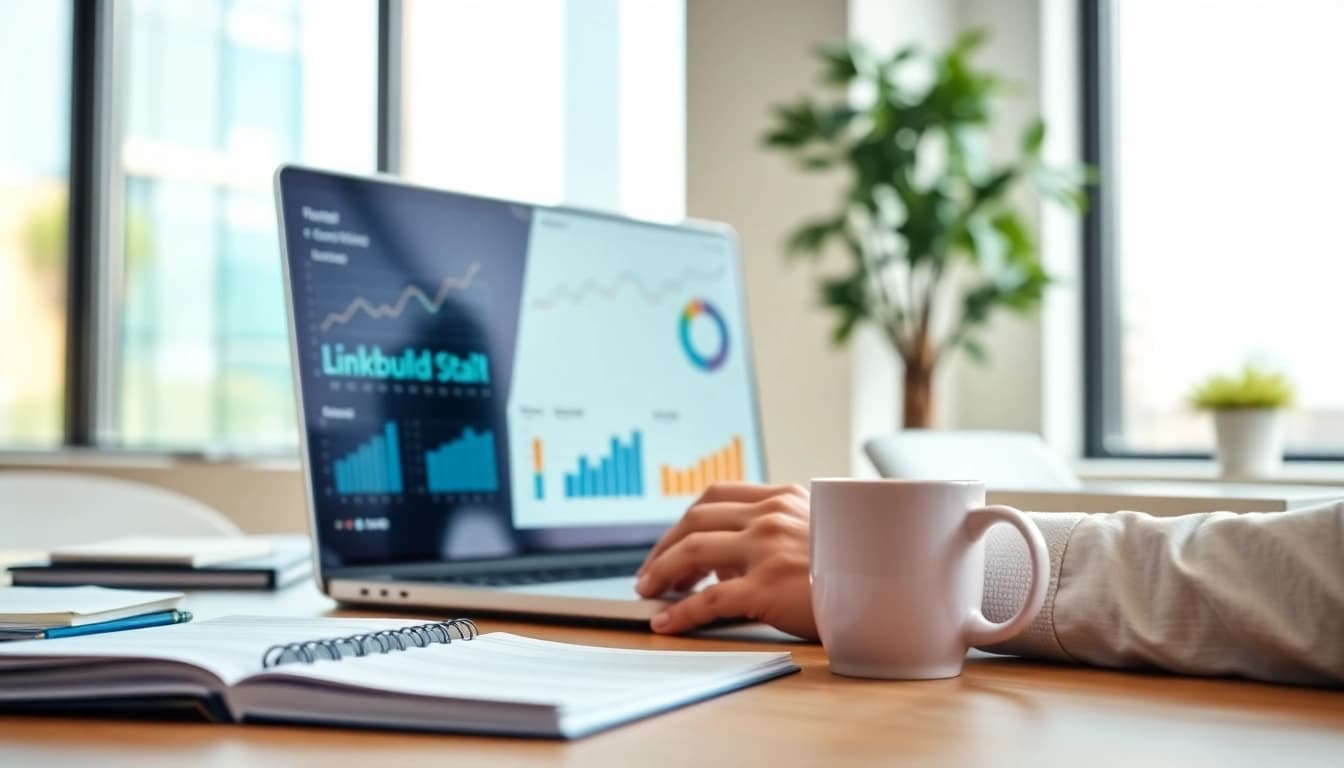 Linkbuilding Strategien auf einem Laptop mit Grafiken in einem modernen Büro analysieren.