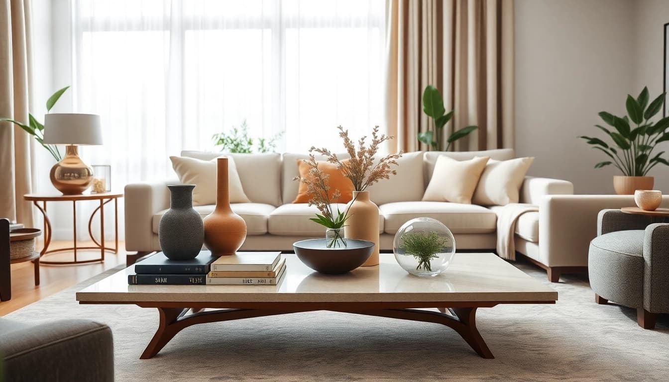 Möbelzubehör Anbieter präsentiert stilvolle Wohnaccessoires in einem einladenden Wohnzimmer.